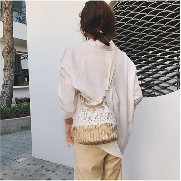 Straw Woven Handbag Unisex Beach Purse Crossbody Travel Shoulder Bag - Picture 7 of 7